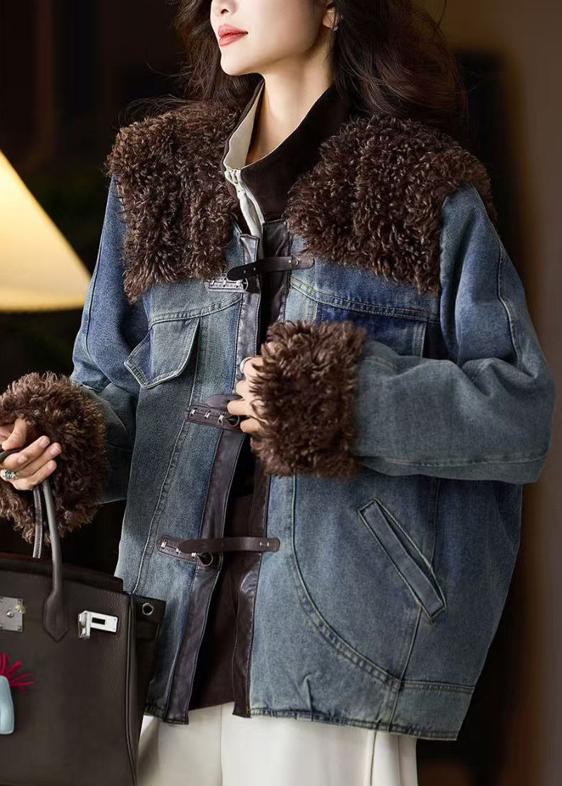 Blue Fur Patchwork Denim Fine Cotton Filled Jacket Winter