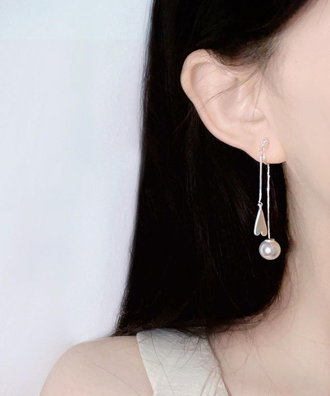 White Alloy Love Pearl Tassel Drop Earrings