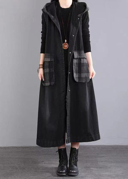 Black Hooded Pockets Patchwork Long Denim Vest Sleeveless