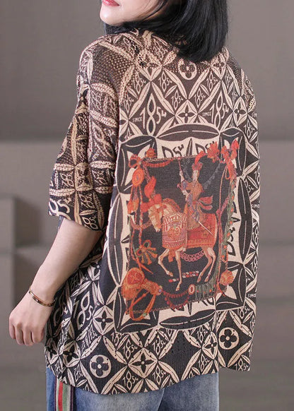 Stylish Black Print O-neck Knit Loose Tank Tops Half Sleeve