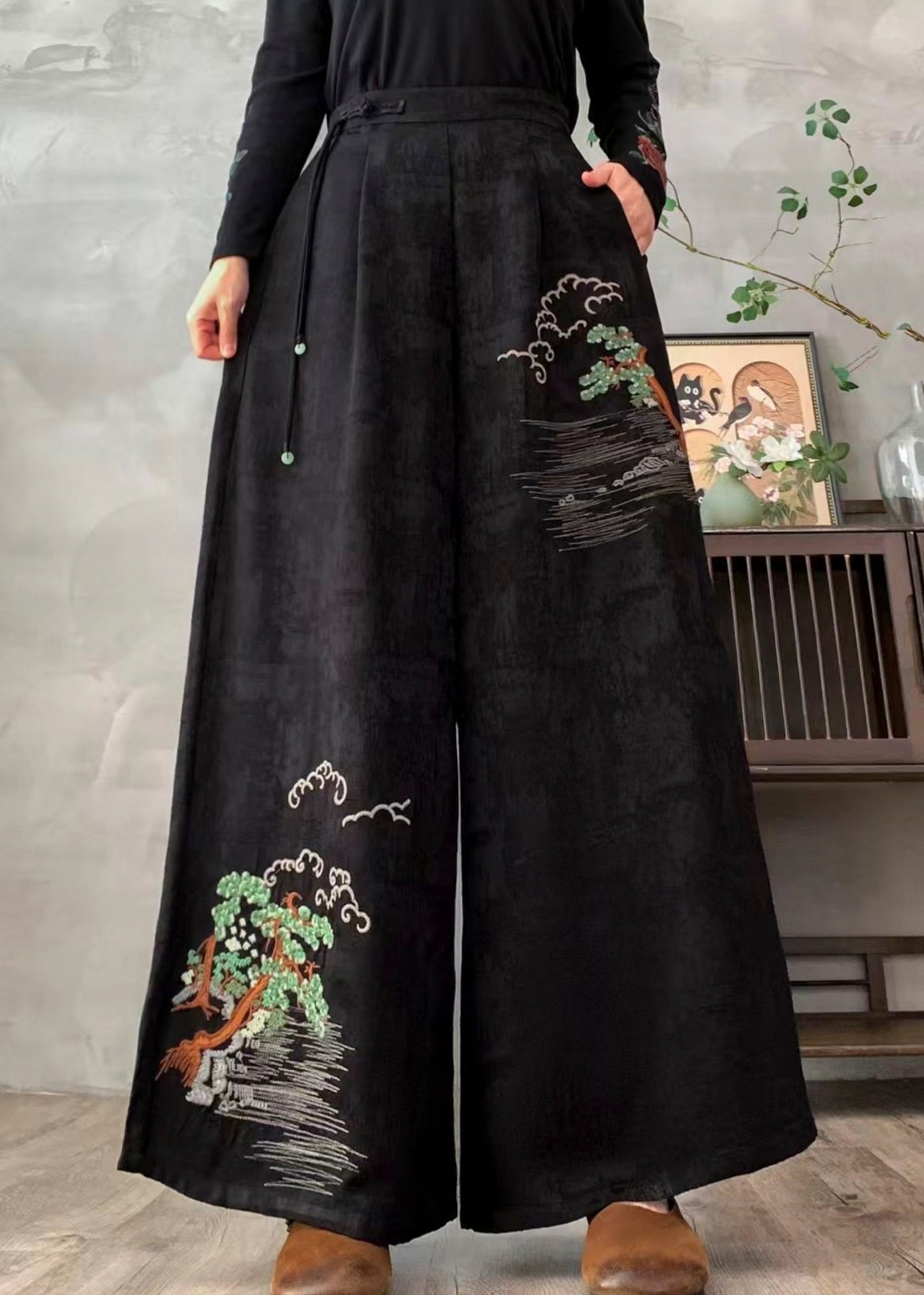 Black Embroidered Jacquard Silk Wide Leg Pants Spring
