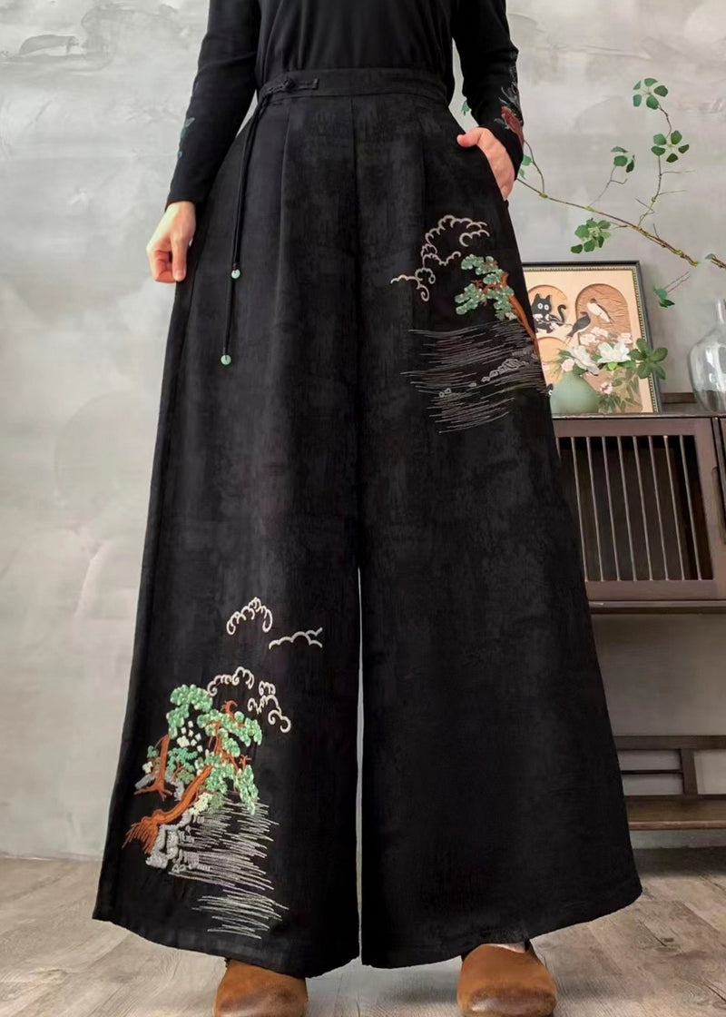 Black Embroidered Jacquard Silk Wide Leg Pants Spring