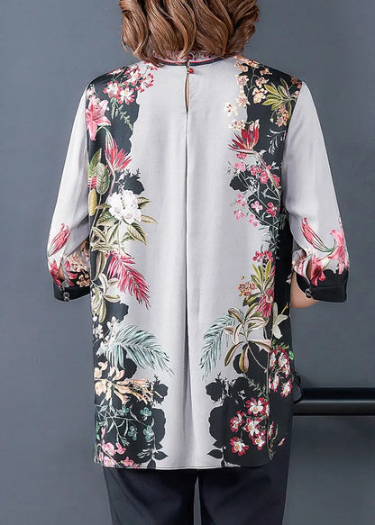 Grey Print Silk Top Stand Collar Half Sleeve