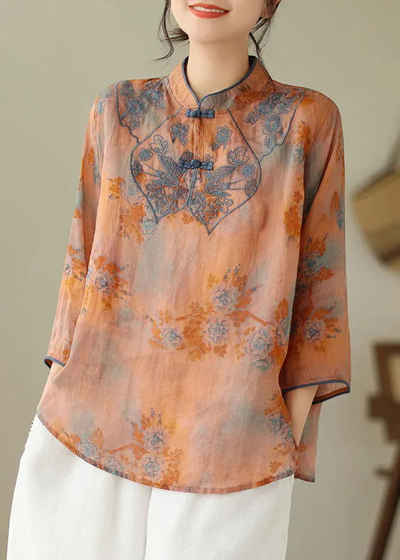 Orange Embroideried Print Cotton Shirts Half Sleeve