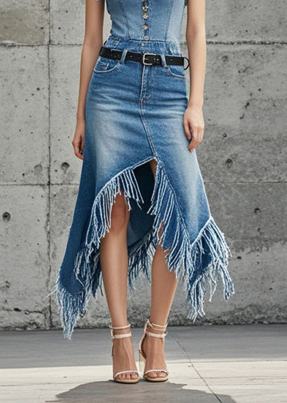 Blue Asymmetrical Patchwork Tasseled Denim Skirts Fall