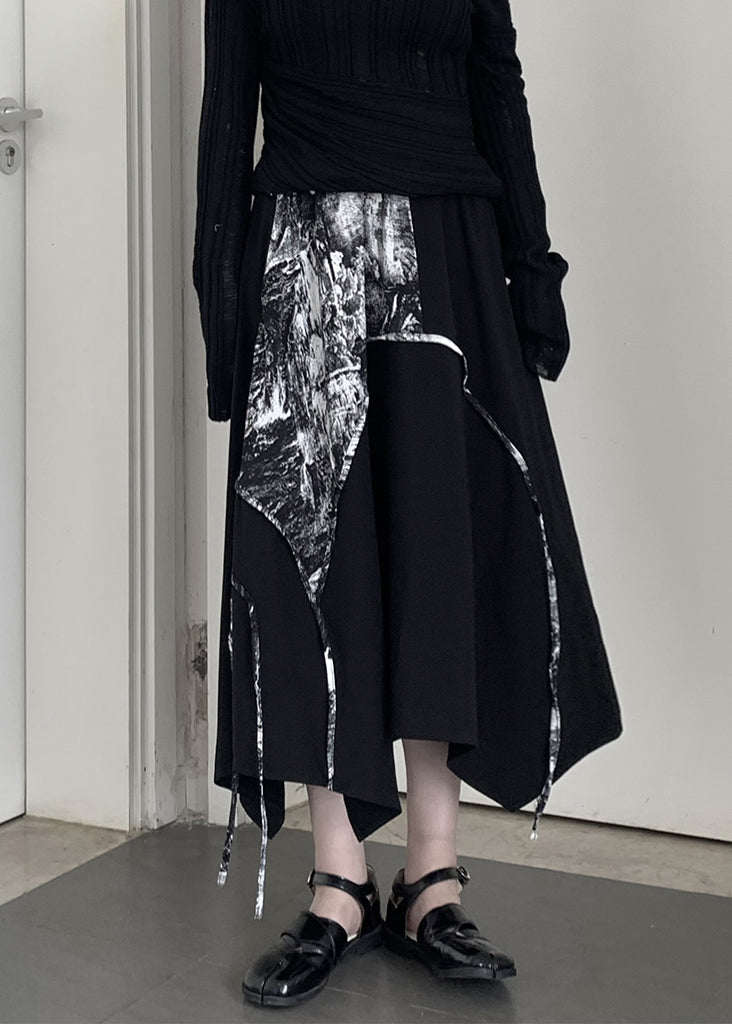 Black Asymmetrical Print Cotton a Line Skirt Spring