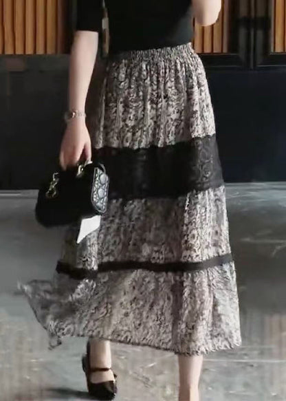 New Black Print Lace Elastic Waist Chiffon Skirt Summer