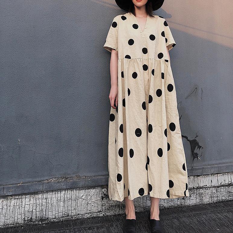 Natural V Neck Wrinkled Spring Tunics Work Outfits Dotted Long Dresses