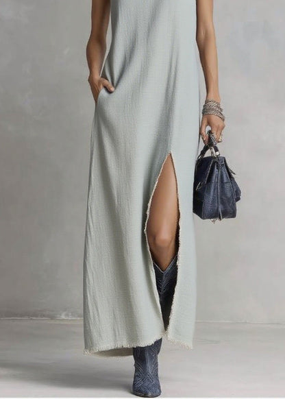 Art Grey V Neck Side Open Cotton Long Dress Sleeveless