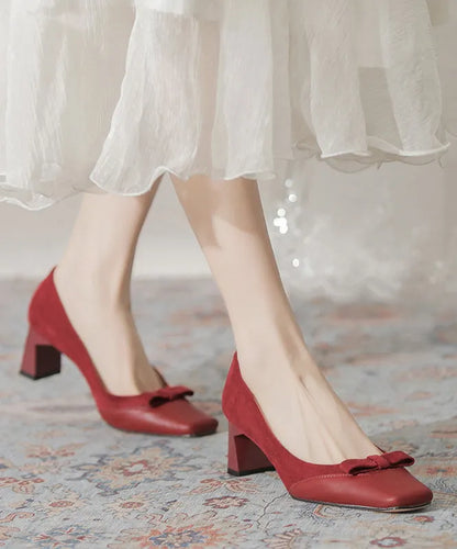 Wine Red Suede Bow Splicing Chunky Heel