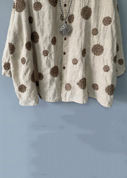 Loose Beige Button Dot Patchwork Linen Shirts Spring