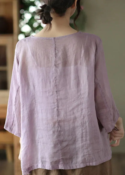 Purple O-neck Button Linen Shirt Long Sleeve