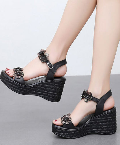 Buckle Strap Wedge Sandals Brown Cowhide Leather