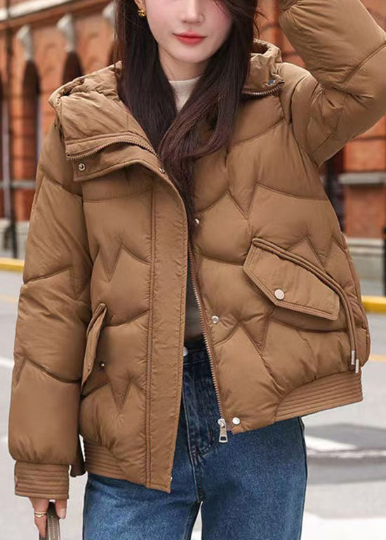 Brown Zip Up Fine Cotton Filled Hooded Coat Winter