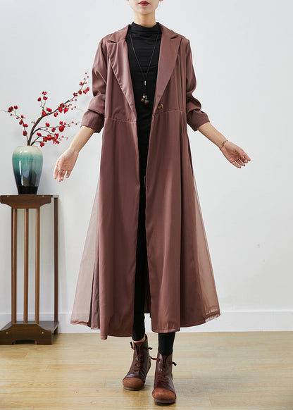 Khaki Lapel Exra Large Hem Patchwork Tulle Spandex Dress Fall