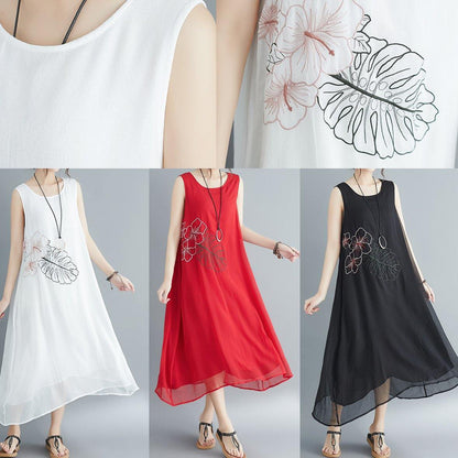 Buy Red Cotton Blended Robes Shirts Sleeveless Embroidery Long Summer Dress