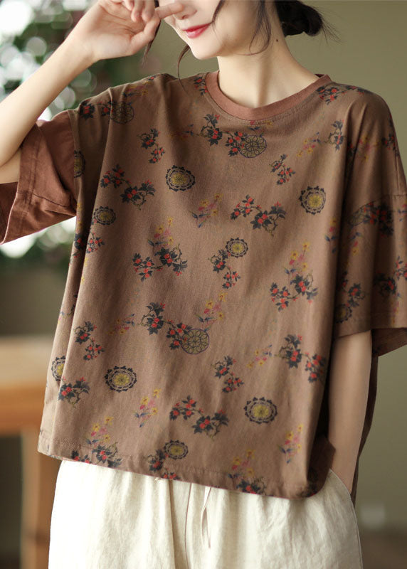 Dark Chocolate O-neck Oversized Print Cotton Tanks Short Sleeve