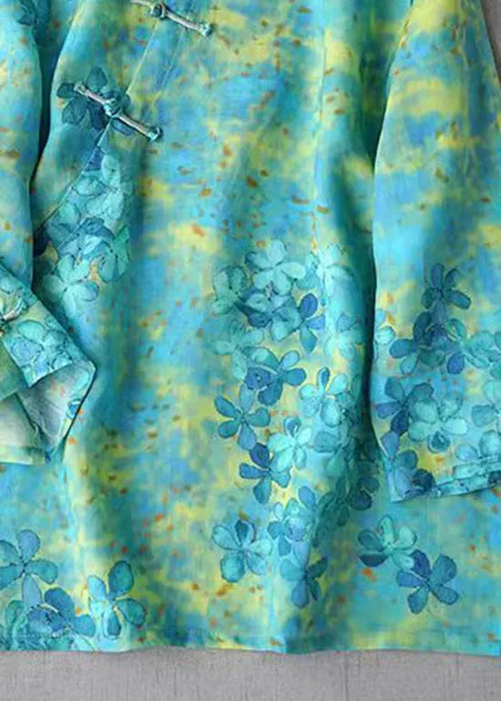 Chinese Style Green Print Linen Top Three Quarter Sleeve
