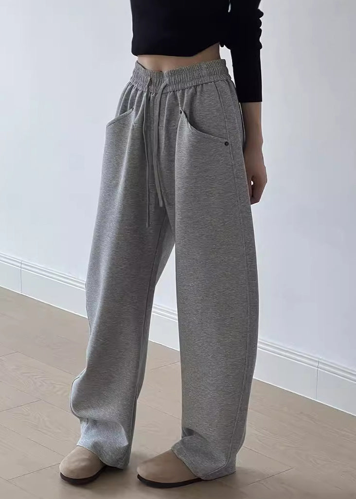 Grey Pockets Drawstring Elastic Waist Cotton Pants Spring