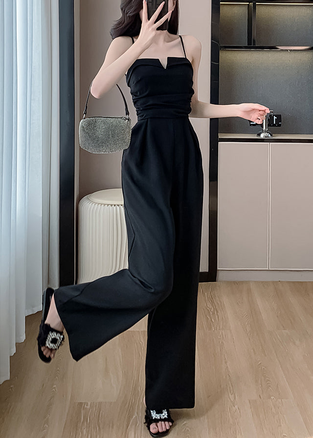 Black Cold Shoulder Silk Sleeveless Jumpsuits Pockets