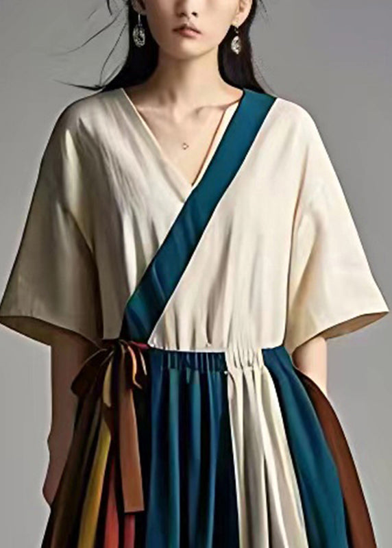 Style White Cinched Patchwork Cotton Dresses Summer