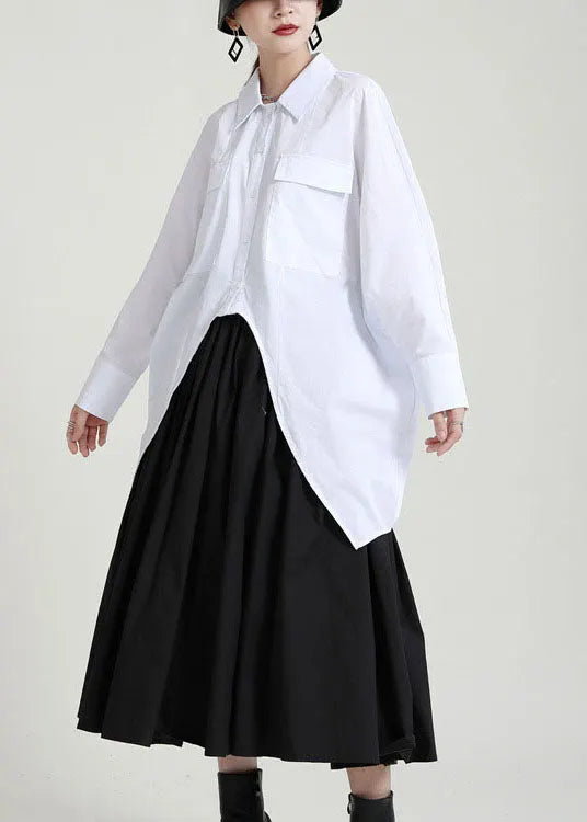 Loose White Button Low High Design Peter Pan Collar Blouses Spring