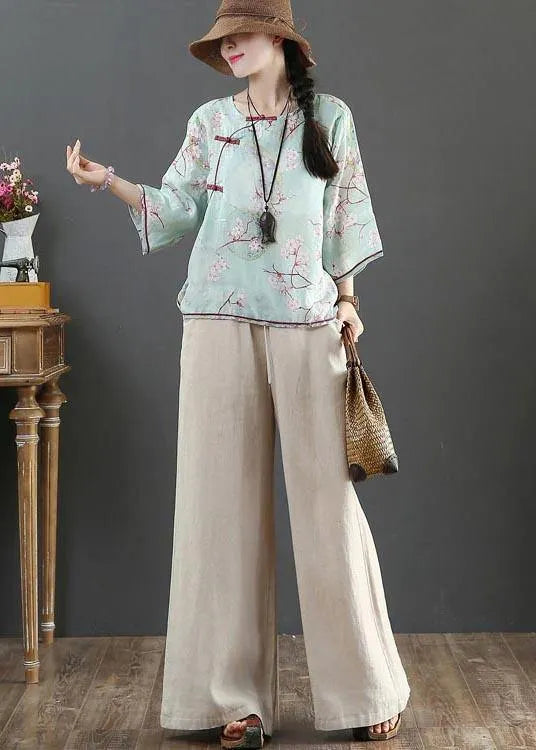 Organic Blue Print Linen Half Sleeve Top Summer