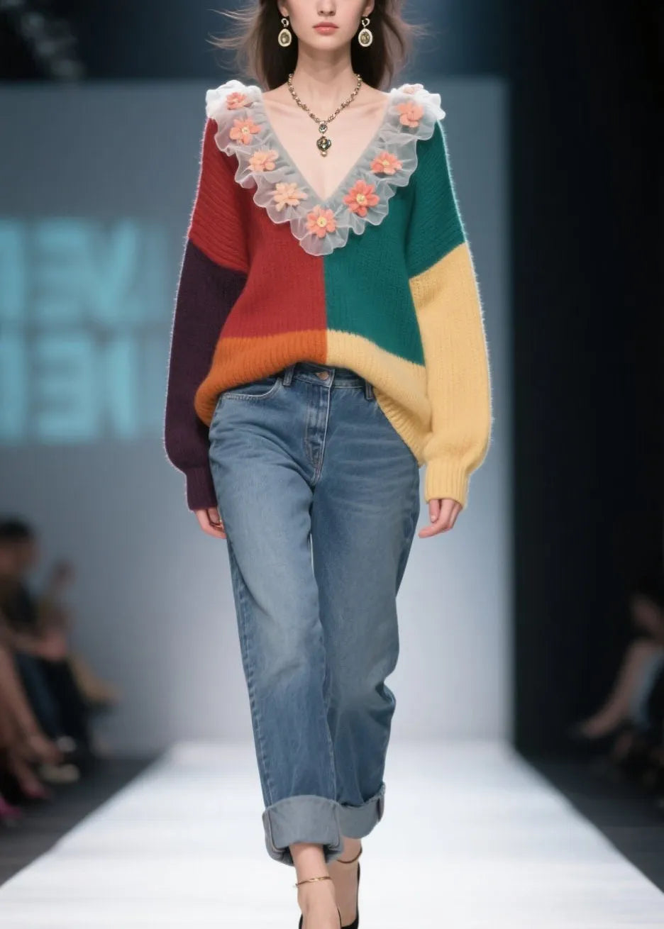Natural Colorblock Ruffled Knit Sweaters Winter
