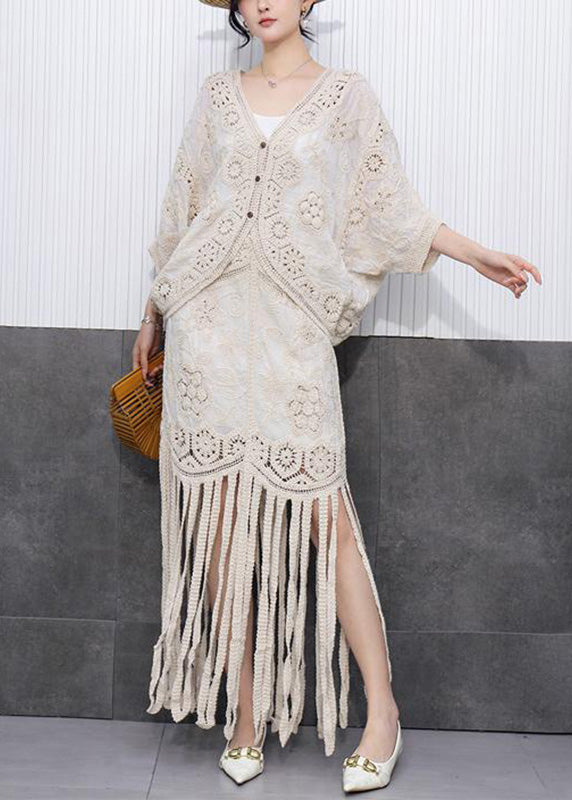 Beige Hollow Out Tassel Knit Cardigans and Maxi Skirts Two Pieces Set Fall