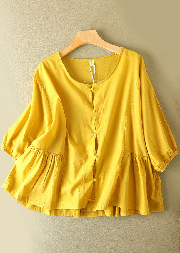 Yellow O-neck Patchwork Wrinkled Cotton Shirt Bracelet Sleeve