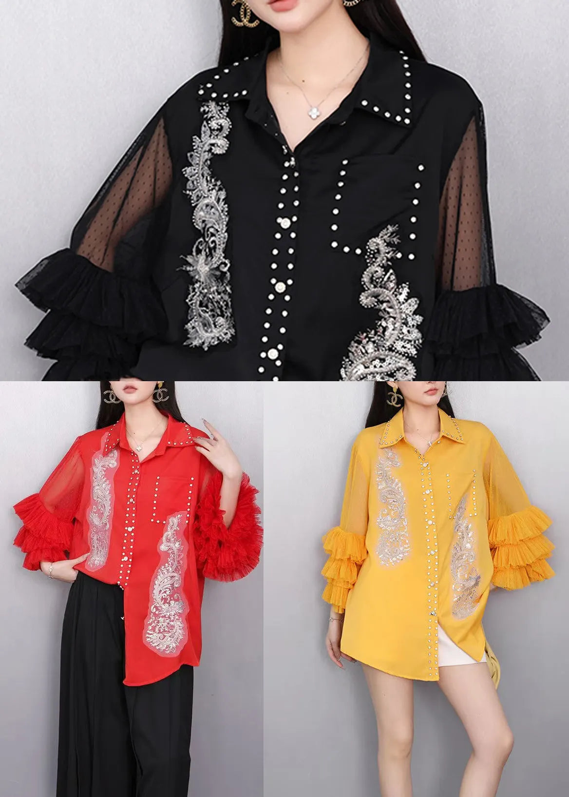 Red Embroidered Chiffon Top Flare Sleeve