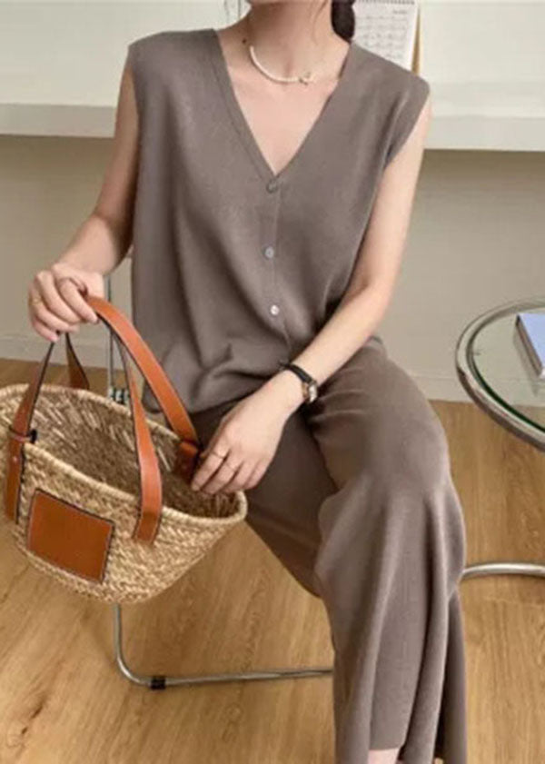 Stylish Coffee V Neck Tops and Pants Knit Two Piece Set Summer