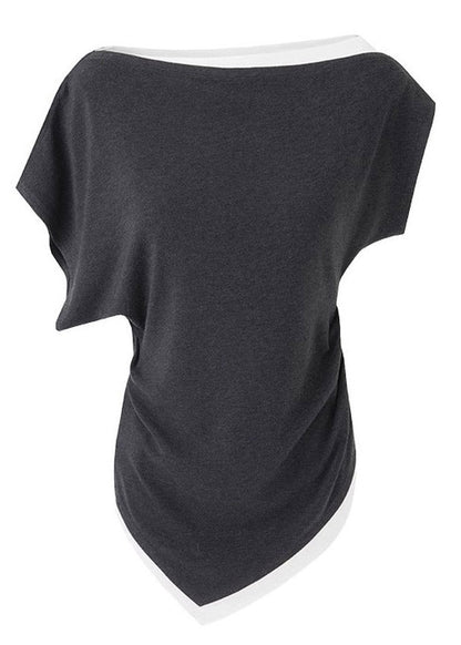 Dark Grey Slash Neck Asymmetrical Top Short Sleeve