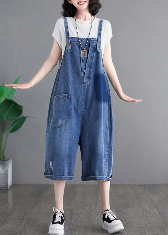 Loose Blue Pockets Patchwork Denim Jumpsuits Summer
