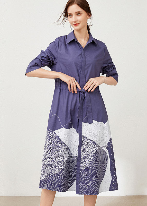 Blue Cinched Print Cotton Shirts Dresses Spring