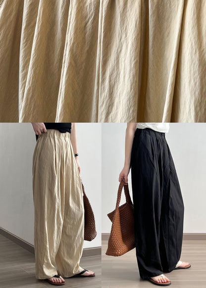 Black Pockets Cotton Wide Leg Pants Elastic Waist Wrinkled Fall