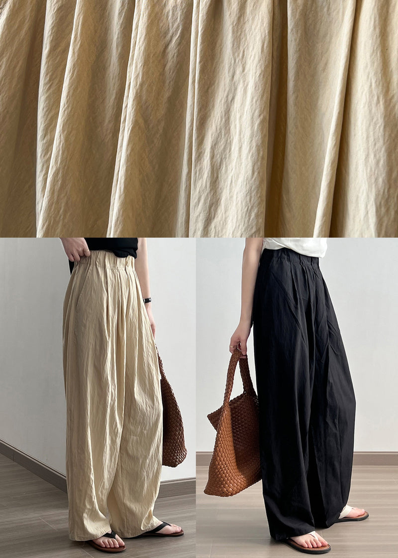 Black Pockets Cotton Wide Leg Pants Elastic Waist Wrinkled Fall