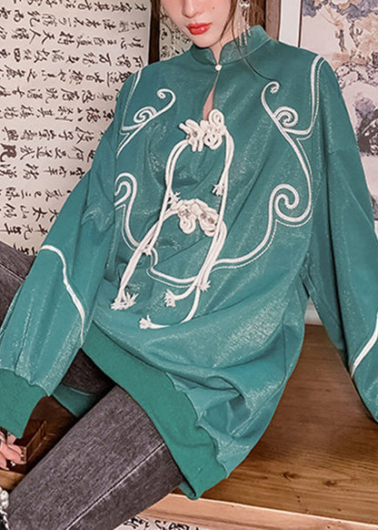 Green Stand Collar Tassel Button Sweatshirts Long Sleeve