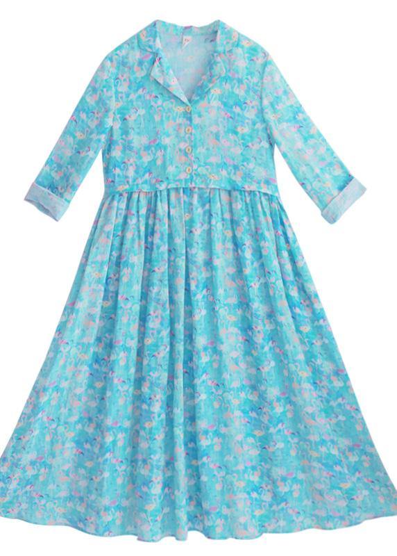 Italian Blue Print Clothes Notched Cinched Maxi Summer Dresses