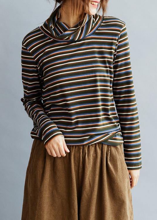Diy High Neck Cotton Spring Blouses for Shirts Striped Tops