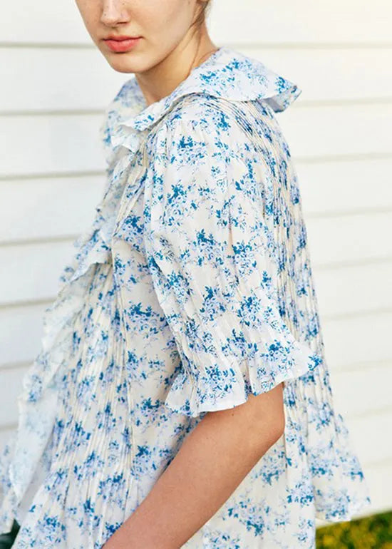 French V Neck Ruffled Print Puff Sleeve Cotton Shirts