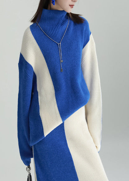 Boutique Blue Hign Neck Knit Tops and Skirts Two Pieces Set Winter