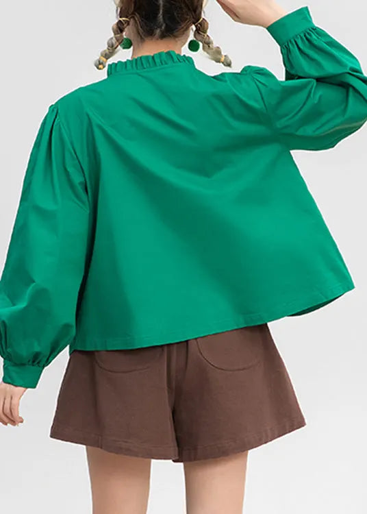 Classy Green O-neck Patchwork Cotton Shirt Spring