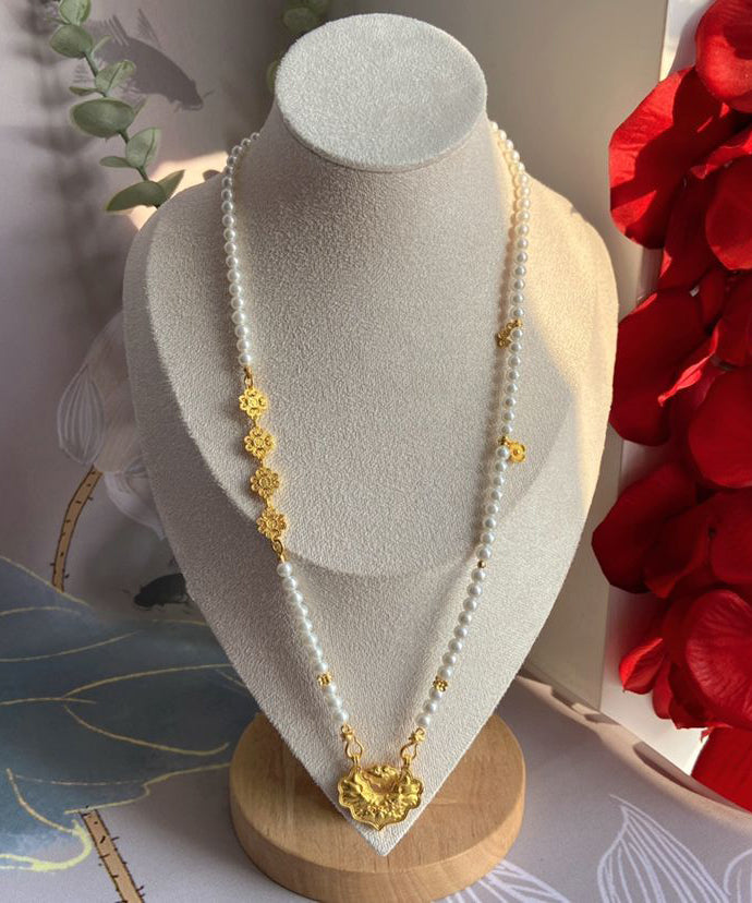 Chinese Style White Sterling Silver Overgild Pearl Ruyi Lock Sweater Pendant Necklace