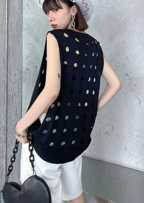 Black O Neck Hole Beach Cotton Vest