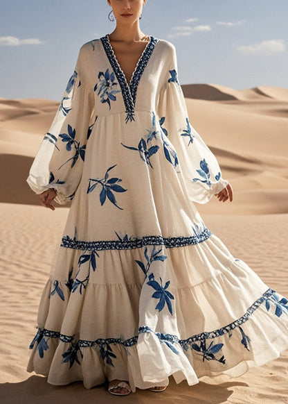 White Print Exra Large Hem Cotton Maxi Dress Fall