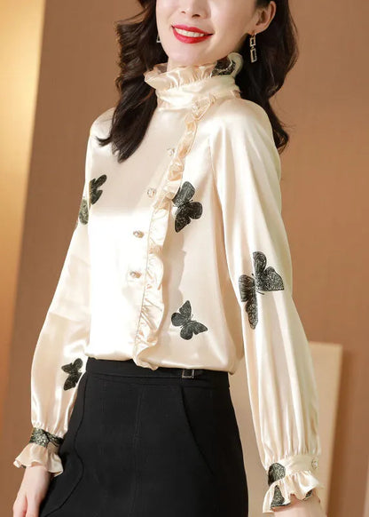 Classy Apricot Stand Collar Button Ruffled Print Silk Top Spring