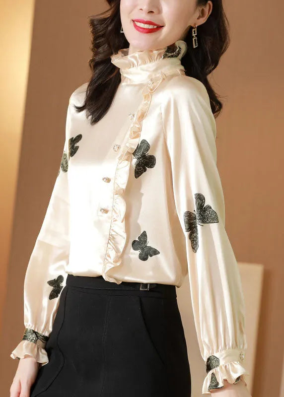 Classy Apricot Stand Collar Button Ruffled Print Silk Top Spring