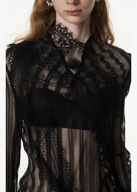 Black Stand Collar Lace Tulle Top Long Sleeve