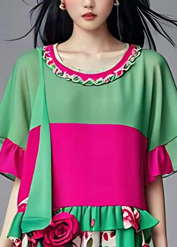 French Green O-neck Ruffled Patchwork Chiffon Mid Dress Summer